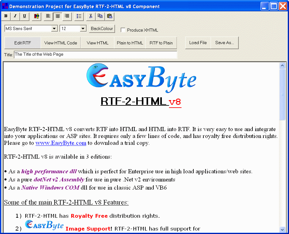 RTF-2-HTML v5 Converts RTF to HTML and HTML to RTF perfectly, easy to integrate.